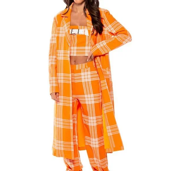 Stasia Sherberry: Orange Plaid All Season Duster Trench Coat L XL - Picture 6 of 16